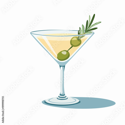 Martini cocktail with olives and rosemary garnish