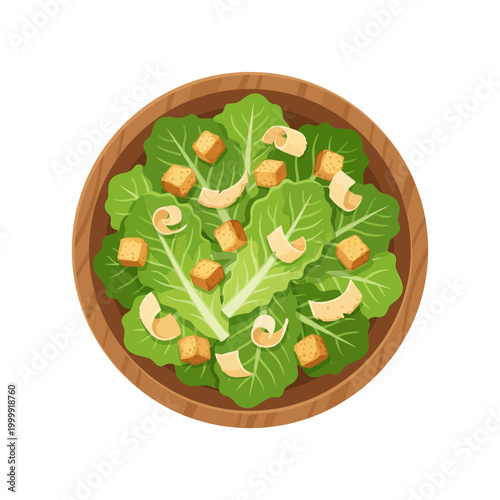 Fresh Caesar salad with romaine lettuce, croutons, and parmesan cheese in a wooden bowl, top view.