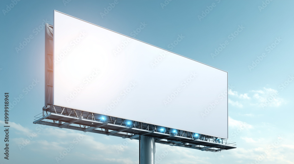 Fototapeta premium Blank Billboard Overlooked by Urban Skyline on Clear Day — Empty Outdoor Advertising Space