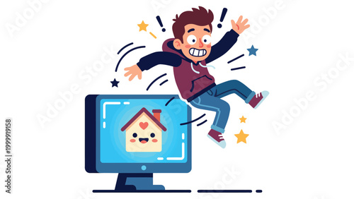 Excited young man jumping out of a computer screen displaying a cheerful house icon, illustrating online home search and digital real estate.