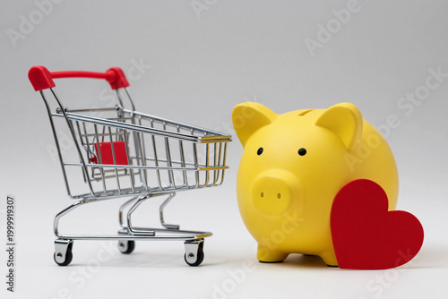 Yellow piggy bank beside shopping cart with red heart.