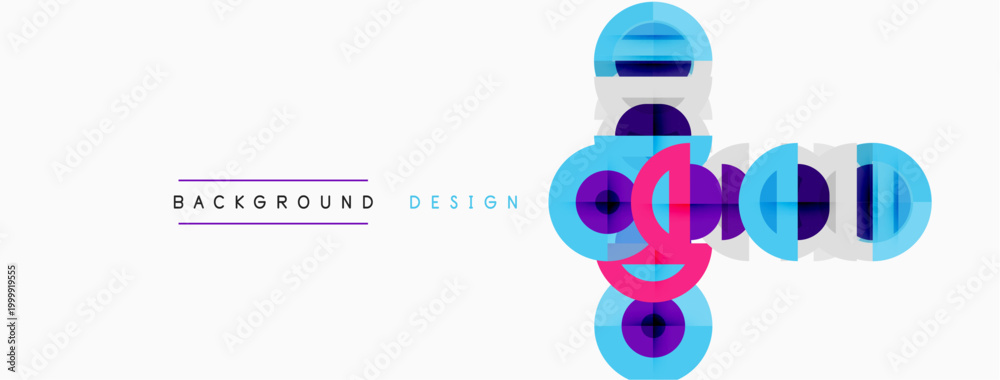 Naklejka premium Abstract geometric shapes overlap, creating vibrant color gradients. Design features circles, lines, purple hues, modern aesthetic.