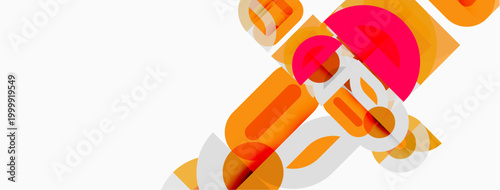 Abstract geometric shapes overlap, creating dynamic composition. Orange, pink hues dominate white background. Modern design elements present.