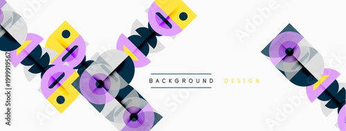 Abstract geometric shapes overlap, creating dynamic visual texture. Colors include purple, yellow, navy, white. Minimalist design for backgrounds.