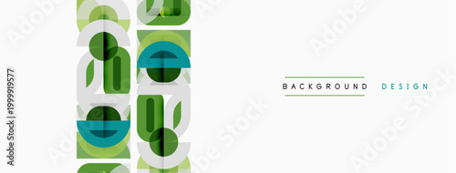 Geometric pattern features overlapping shapes. Green, blue, gray tones create modern aesthetic. Minimalist design suits backgrounds, textures.