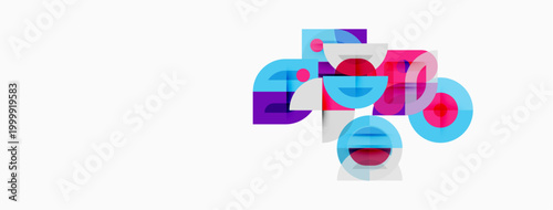 Abstract geometric shapes overlap, creating vibrant color blends. Circles, squares, rectangles form dynamic composition. Modern design elements present.