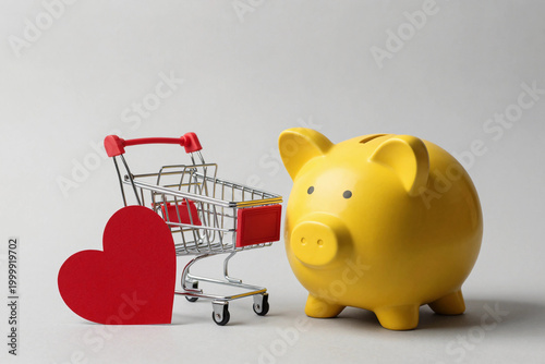 Yellow piggy bank beside shopping cart with red heart.