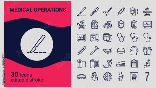 Medical operations icons set including surgical instruments and healthcare symbols  editable stroke