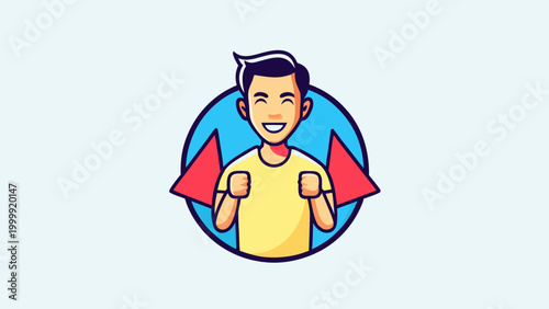 Young man jogging in sportswear with energetic motion smiling and pumping fists wearing yellow shirt blue background red arrows dynamic illustration for fitness and motivation