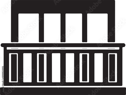 Black and white of a building balcony with a railing and vertical support pillars, architectural