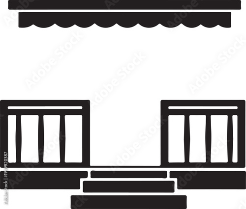 Black and white of a house porch with a scalloped awning, railings, and front steps