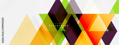 Abstract geometric shapes overlap, creating vibrant colorful background. Triangles dominate design, offering modern aesthetic.