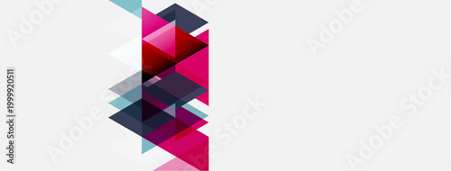 Abstract geometric design. Pink, blue, purple triangles overlap white space. Modern, minimalist aesthetic. Clean lines create dynamic composition.