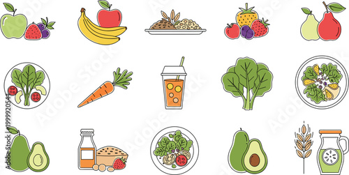 Healthy Food and Drink Icons Set with Fruits, Vegetables, Salads, Smoothies, and Natural Ingredients for Nutrition, Wellness, and Healthy Lifestyle