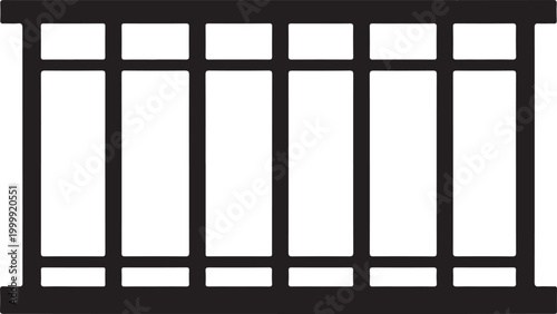 Black and white of a prison cell gate with vertical metal bars and horizontal framing, isolated on a white background