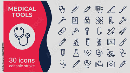 Medical tools icons set with stethoscope syringe and pills on gray background