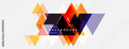Abstract geometric design. Overlapping triangles create vibrant, modern background. Colors include orange, yellow, purple, red.