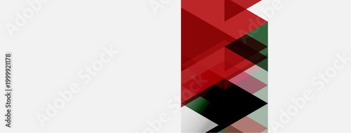 Abstract geometric composition. Red, black, green shapes overlap white space. Minimalist design, modern aesthetic.