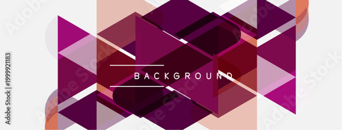 Abstract geometric design. Overlapping triangles create dynamic visual texture. Shades of purple, peach, white dominate composition. Minimalist lines add subtle detail.