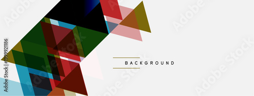 Abstract geometric shapes overlap, creating dynamic visual texture. Colors include red, green, blue, brown, plus white space.