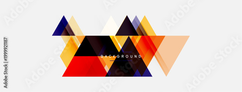 Abstract geometric shapes, triangles overlap. Warm colors dominate, creating dynamic composition. Minimalist design, modern aesthetic.