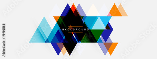 Abstract geometric shapes, triangles overlap creating dynamic colorful background. Modern design elements present visual interest.