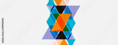 Abstract geometric design. Overlapping triangles create complex pattern. Colors include orange, blue, purple, green. Minimalist style.