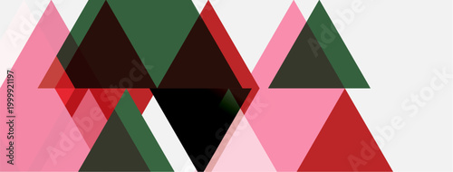 Abstract geometric composition. Triangles overlap, creating dynamic visual effect. Colors include pink, red, green, white. Minimalist design.
