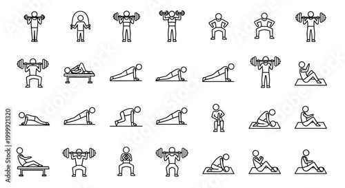 Set of outline icons depicting various gym exercises and fitness activities.