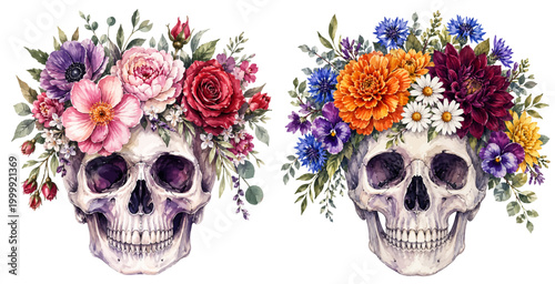 A charming watercolor set of skulls featuring colorful flower crowns with lush leaves and detailed bone textures illustrated in a natural gothic style.