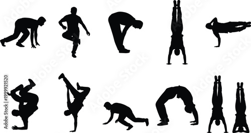 Bild auf Leinwand Breakdance and street dance silhouette set with dynamic hip hop poses acrobatic