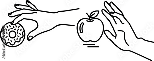 A line drawing of hands exchanging a donut and an apple
