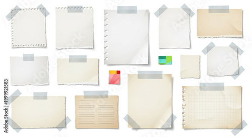 Collection of Torn Paper Notes Taped to a White Background.