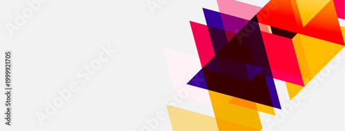 Abstract geometric shapes overlap, creating vibrant color blocks. Design features triangles, squares, rectangles, plus dynamic composition.