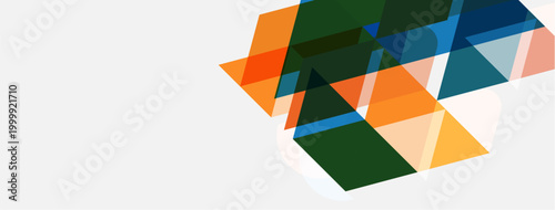 Abstract geometric shapes overlap, creating colorful triangles. Minimalist design with orange, green, blue hues. Clean background.