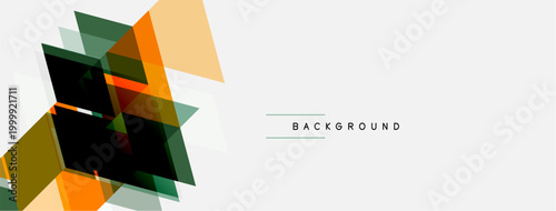 Abstract geometric shapes overlap, creating dynamic visual texture. Orange, green, black hues dominate neutral backdrop. Minimalist design.