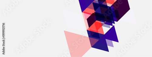 Abstract geometric shapes overlap, creating dynamic composition. Purple, pink, orange hues dominate white background. Modern design element.