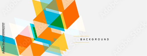 Abstract geometric shapes overlap, creating vibrant color blocks. Light shades dominate background, offering clean visual space.