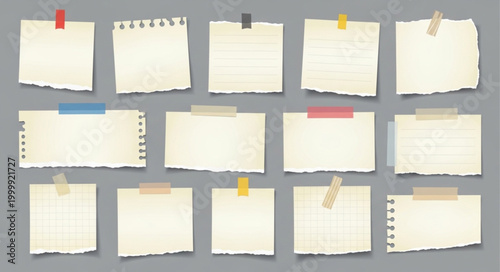Collection of Torn Paper Notes with Adhesive Tape.