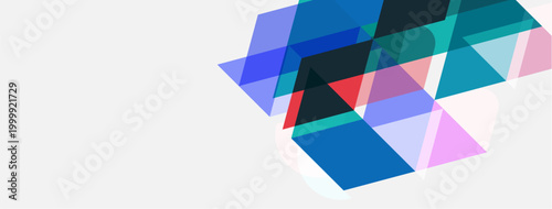 Abstract geometric shapes overlap, creating colorful translucent layers. Minimalist design with blue, red, pink hues. Clean background.