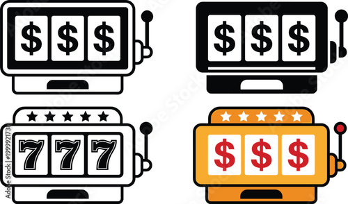 Slot machine icons set with dollar symbols and jackpot sevens, casino game illustration, gambling concept, minimal vector design isolated on white