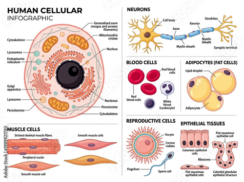 Konstfotografi Human Cell Anatomy Infographic - Detailed Diagram of Neuron, Blood Cells, Muscle