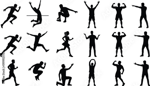 Sport and fitness silhouette set with running jumping flexing and training poses athletic male figures vector collection