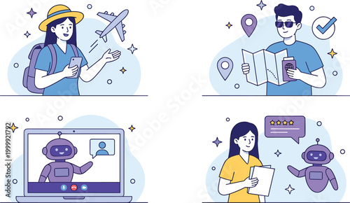 Bild auf Leinwand Travel and online service illustration set with tourist planning, navigation map