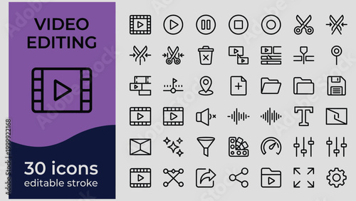 Video editing icons set with play buttons and film strips for graphic design projects