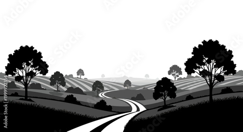 Stylized Rural Landscape with Winding Road, Trees, and Rolling Hills in Monochrome