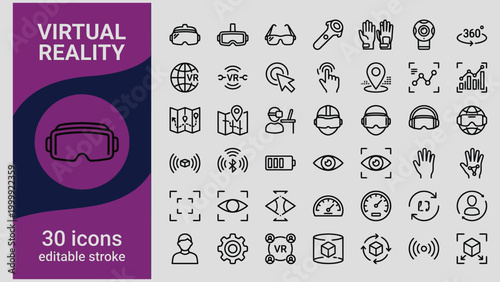 Virtual reality icons set with goggles globe hands and technology symbols  editable stroke
