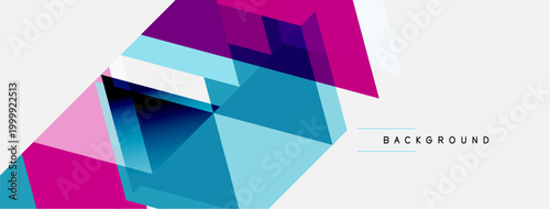 Abstract geometric shapes overlap, creating vibrant color gradients. Pink, blue, purple hues dominate design. Minimalist background present.