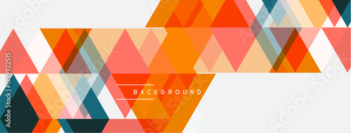 Geometric triangles form abstract pattern. Orange, pink, gray hues dominate design. Minimalist style with text element visible.