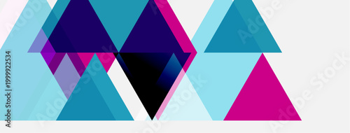 Abstract geometric shapes overlap. Triangles dominate composition, using vibrant pinks, purples, blues. Modern design, clean aesthetic.